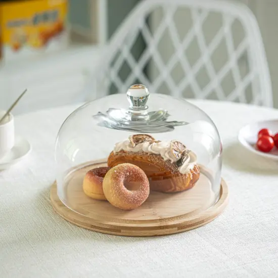 Basicwise Round Glass Dome Dessert Tray Set - 2-in-1 Cake Stand with Lid, Fruit & Charcuterie Display and Cheese Serving Platter - Ideal for Kitchen, Birthday, Wedding, Party and Other Occassions {2}