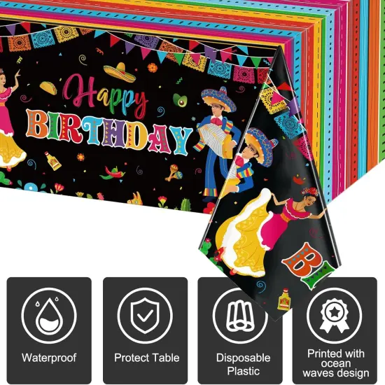 3 Pcs Mexican Fiesta Happy Birthday Fiesta Disposable Table Cover Plastic Cinco De Mayo Tablecover for Mexican Taco Night Birthday Party Decorations Supplies, 54 x 108 Inch {3}
