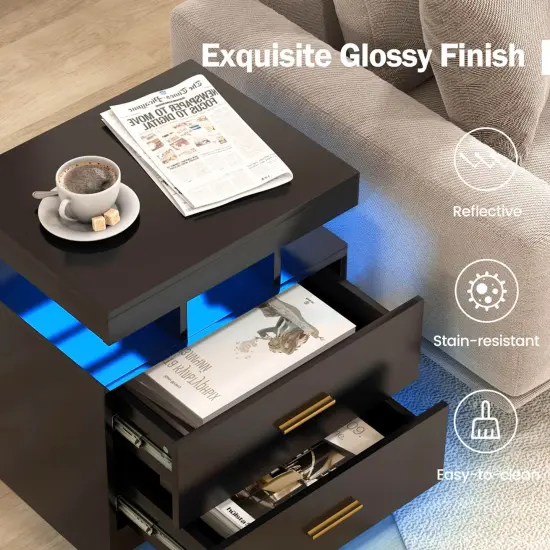 Costway LED Nightstand Set of 1/2 with 2 Storage Drawers Adjustable Light Mode Remote Control {5}