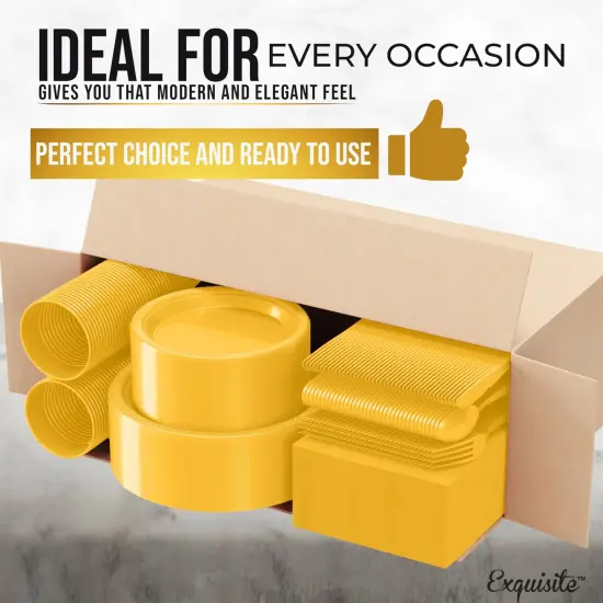 Exquisite 182 Pcs Plastic Plates for Party &ndash; Disposable Plates Set &ndash; 26 Each of 9" Dinner Plates, 7" Dessert Plates, Plastic Cups, Napkins & Plastic Cutlery &ndash; Plastic Dinnerware by Party Solids Yellow {3}