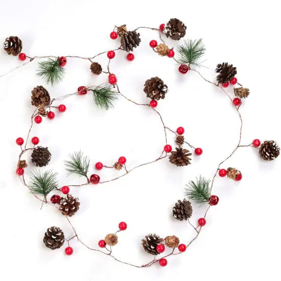 6.7FT Christmas Garland with Lights, 20 LED Red Berry Pine Cone Garland Lights Battery Operated {2}