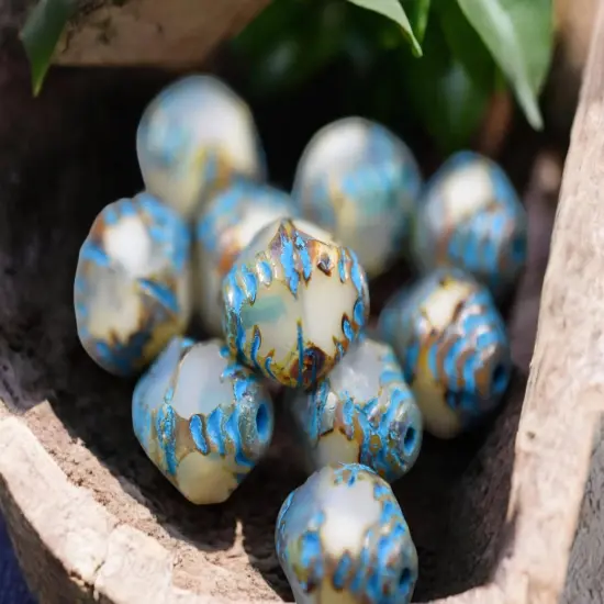 *15* 10x8mm Turquoise Washed White Opal PicassoFaceted Bicone Beads {6}