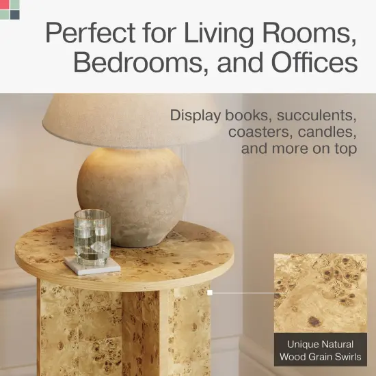 Round Burl Wood Side Table - Modern Home, Bedroom, and Living Room Furniture - Wooden Nightstand - 16 Inch End Desk - Small Wooden Accent Table - Solid Base and Wood Grain Veneer Finish (Burl) {6}