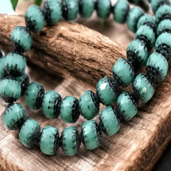 Black Washed Opaque Turquoise Fire Polished Cathedral Beads {6}