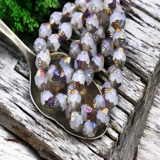 *15* 6x8mm Milky Crystal Opaline Metallic Volcano Oval Cathedral Beads {2}