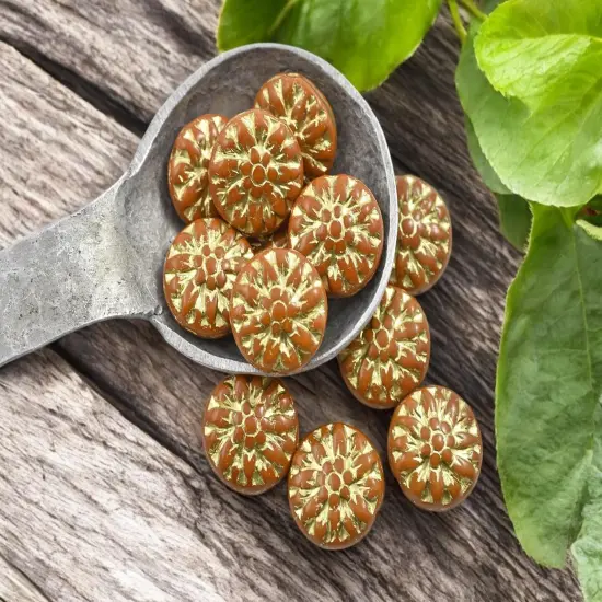 *12* 15mm Gold Washed Ochre Orange Dahlia Flower Coin Beads {2}