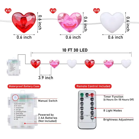 Valentines Day Decor 10FT 30 LED Valentine's Day Lights with Timer, Red Pink White Heart Lights String Battery Operated, 8 Modes Valentines Decorations Heart Fairy Lights Romantic Decor Home Bedroom {6}