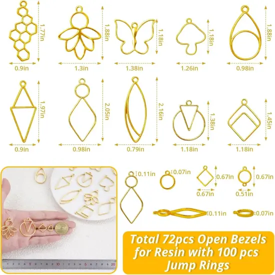 LET'S RESIN 172 pcs Open Bezels for Resin, 2 Size 36 Styles of Gold Hollow Frame Pendants Bezels with 100pcs Jump Rings, Unique Resin Bezels for Jewelry Making, Necklaces Earrings Making Supplies {2}