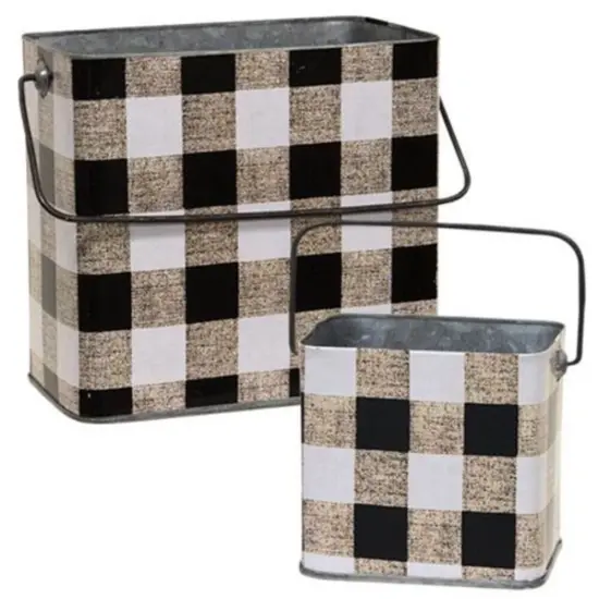Set Of 2 Nesting Metal Buffalo Check Buckets White {1}