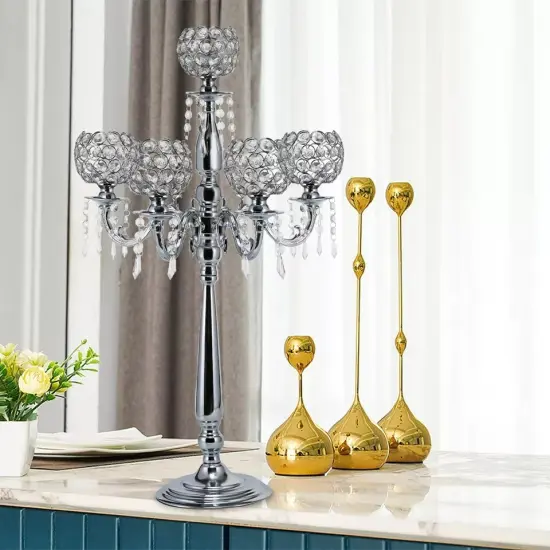 Table 5 Arms Silver Crystal Candle Holders For Wedding Home Atmosphere Decor {2}