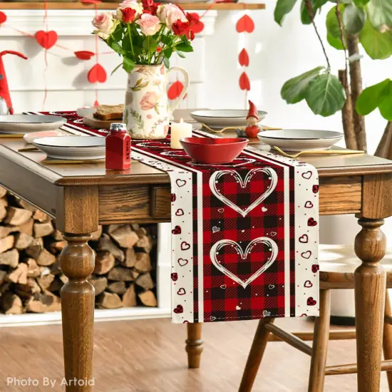 Artoid Mode Buffalo Plaid Love Hearts Valentine's Day Table Runner, Seasonal Kitchen Dining Table Decoration for Indoor Home Party 13x72 Inch {6}