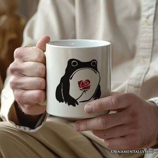 Romantic Japanese Frog with Rose Mug, Matsumoto Hoji Edo Period Frog Lover Gift {2}