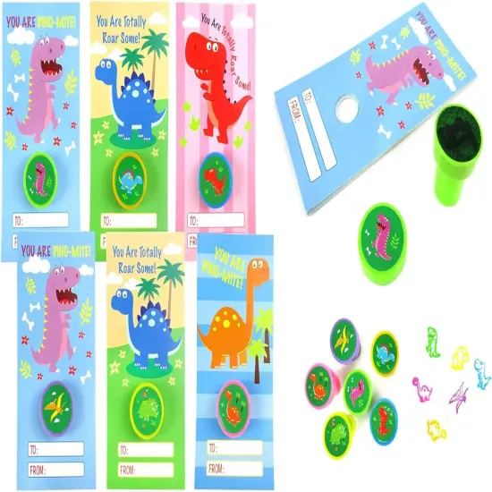 Tiny Mills 36 PACK Dinosaurs Valentine's Day Cards with Stampers for Valentine's Day Classroom Exchange Birthday Party Favor Prizes {1}