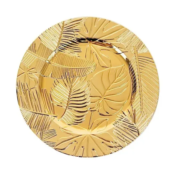 6 Metallic Gold 13" Round Acrylic CHARGER PLATES Embossed Tropical Leaves Party {1}