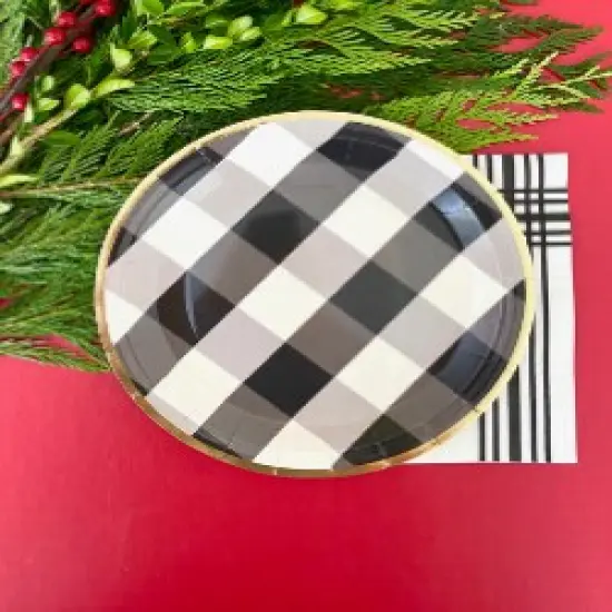 Stylish 9" Black & White Buffalo Plaid Plates with Gold Trim &ndash; Elegant Disposable Dinnerware for Any Event {3}