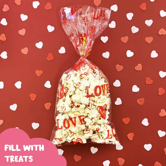 Wrapables Valentines Cellophane Treat Bags With Twist Ties for Candy, Cookies, Treats, Gifts and Party Favors (100pcs), Love Hearts {6}