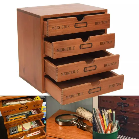 Desktop Jewelry Organizer Vintage Wooden Storage Box with 4 Layers Drawers Case {4}