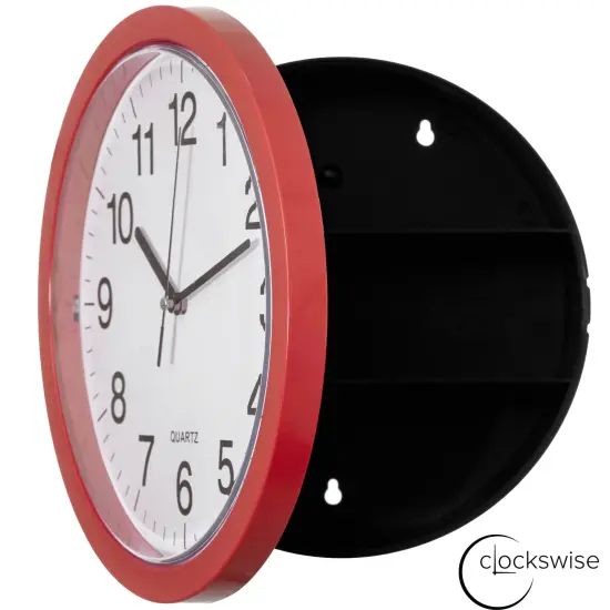 Wall Mounted Plastic Clock with Hidden Storage Door - Secret Interior Compartment, Hidden Safe for Storing Valuables Red {6}