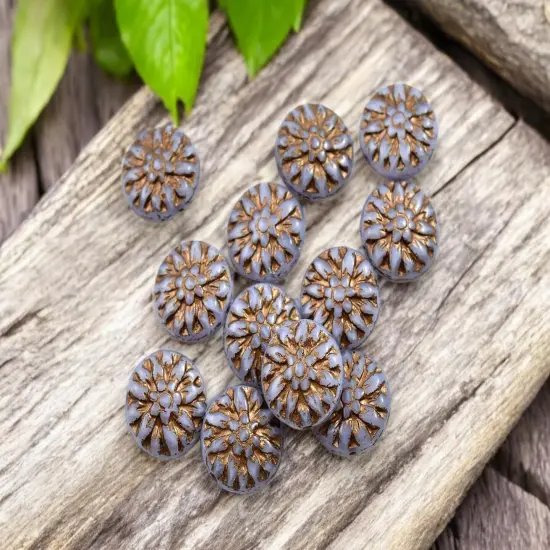 *12* 15mm Dark Bronze Washed Lilac Purple Opaline Dahlia Flower Coin Beads {4}