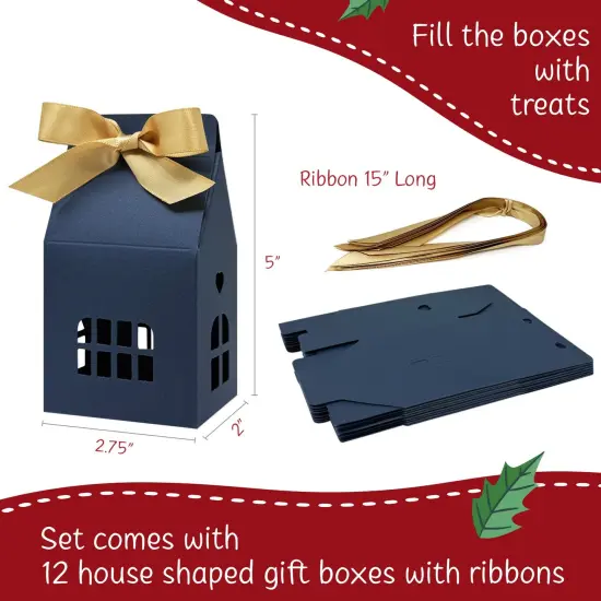 Wrapables House Shaped Gift Boxes with Ribbons for Weddings, Housewarming, Cookies, Candies, Treats, Party Favors (Set of 12), Blue {2}