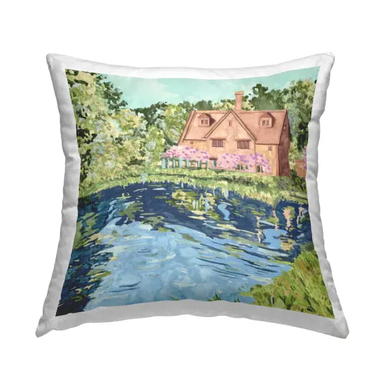 Floral Cottage & Lake Design by Melissa Wang Throw Pillow  {1}