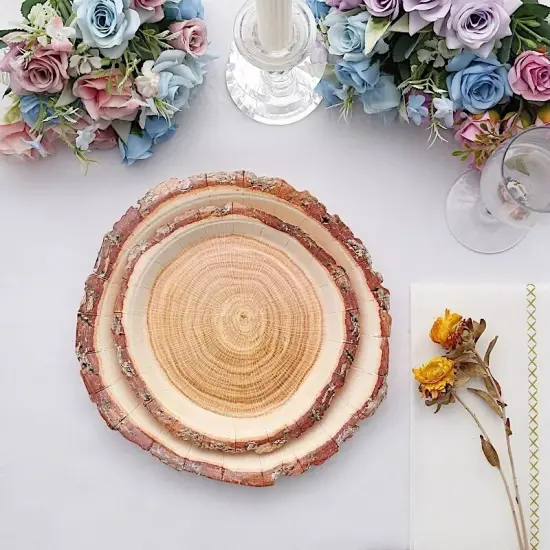 25 Natural 7 in Round Disposable Paper PLATES Wood Slice Design Party Events {4}