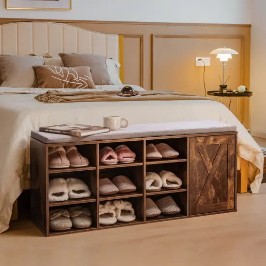 Costway Shoe Bench with Padded Cushion 9-cube Adjustable Storage Shoe Rack White/Grey/Rustic Brown {3}