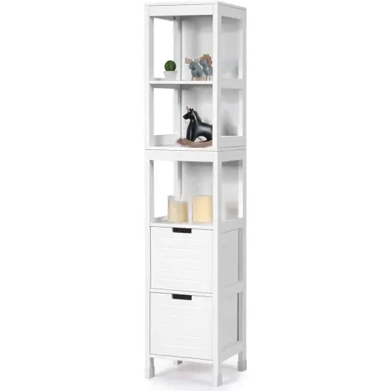 Bathroom Cabinet Tower with 2 Storage Drawers and 3 Shelves in White Wood Finish {1}