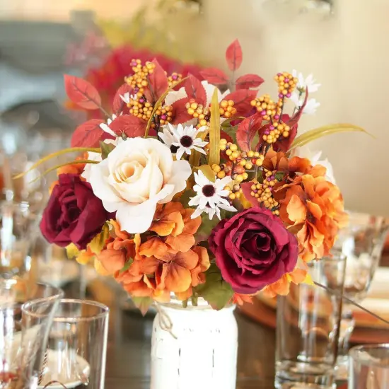 Artificial Fall Roses Large Silk Bouquets with Hydrangea {5}