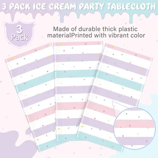 3 Pack Sprinkle Ice Cream Tablecloth Party Decorations, Ice Cream Birthday Plastic Party Supplies, Donut Disposable Rectangle Table Cover for Kids Girls Sweet One Birthday Baby Shower, 54 x 108 Inch {4}