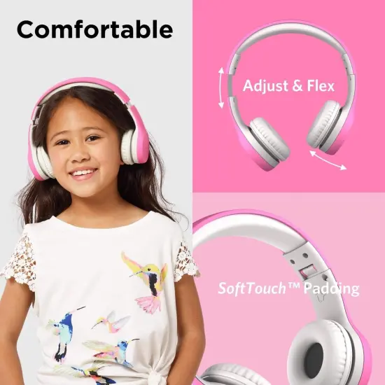LilGadgets Connect+ Style On-Ear Kids Headphones with Microphone - SharePort Technology, SoftTouch Padding, Detachable Cable, Noise Reduction, Durable & Adjustable - Pink, Ages 3-14 {2}