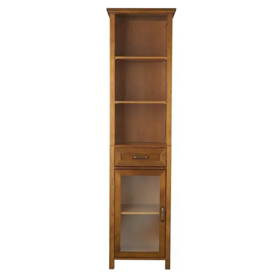 Oak Finish Bathroom Linen Tower Storage Cabinet with Shelves {1}
