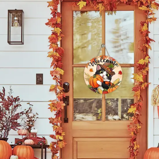 Welcome Thanksgiving Tuxedo Cat Front Door Sign {4}
