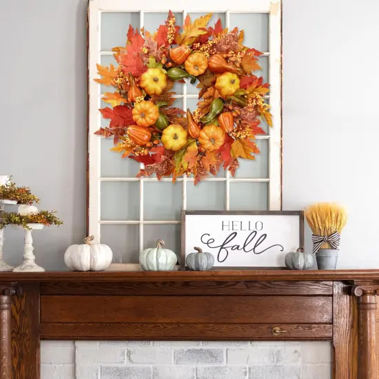 Fall Wreath 23&rsquo;&rsquo; Artificial Autumn Front Door Wreath with Large Pumpkins {4}