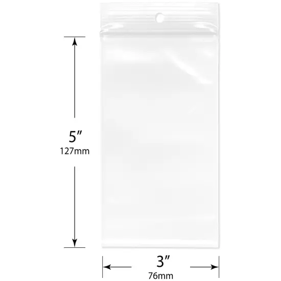 Plymor 3" x 5", 4 Mil with Hang-Hole Heavy Duty Zipper Reclosable Plastic Bags {3}