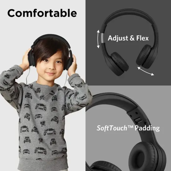 LilGadgets Connect+ Style On-Ear Kids Headphones with Microphone - SharePort Technology, SoftTouch Padding, Detachable Cable, Noise Reduction, Durable & Adjustable - Black, Ages 3-14 {2}