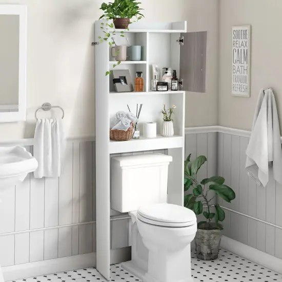 Costway Over The Toilet Storage Cabinet Bathroom Space Saver w/ Open Shelves & Door {3}
