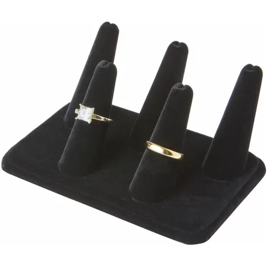 Plymor Black Velvet Ring Finger Display, Five on Rectangular Base, 5.25" W x 3.625" D x 2.25" H {3}