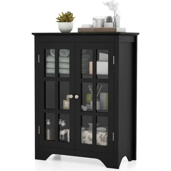 Black Bathroom Linen Cabinet with Glass Doors Adjustable Shelves Freestanding MDF Storage Organizer {1}