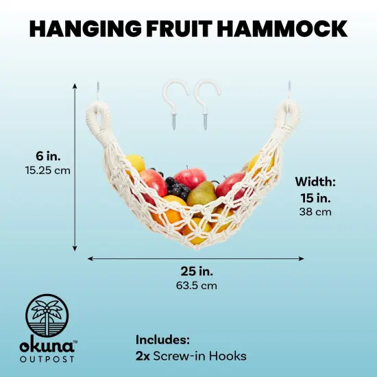 Macrame Fruit Hammock for Kitchen Under Cabinet with 2 Hooks, Hanging Net Basket for Bananas and Produce Storage (6 x 25 x 15 In) White {3}