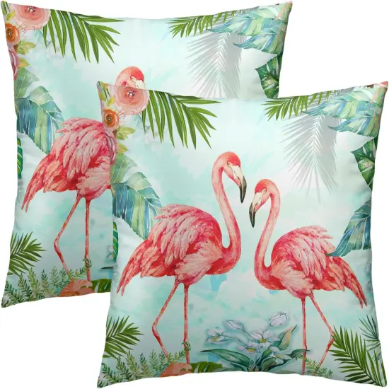 Throw Pillow Covers 18x18 Inch Pink Bird Flowers Home Decorative Pillowcase Tropical Leaves Cushion Cover for Indoor Outdoor Living Room Sofa Bedroom,Set of 2 {1}