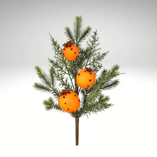 18" Evergreen Pick with Real Orange & Clove Scent &ndash; Holiday Faux Orange Pomander Pick, Christmas Floral Stem-MTX76741 {2}