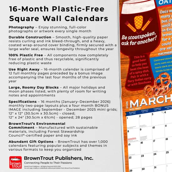 I Love Beer | 2026 12 x 24 Inch (Hanging) Monthly Square Wall Calendar | Plastic-Free {6}