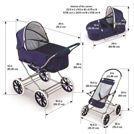 Badger Basket Just Like Mommy 3-in-1 Doll Pram/Carrier/Stroller Navy/White {4}