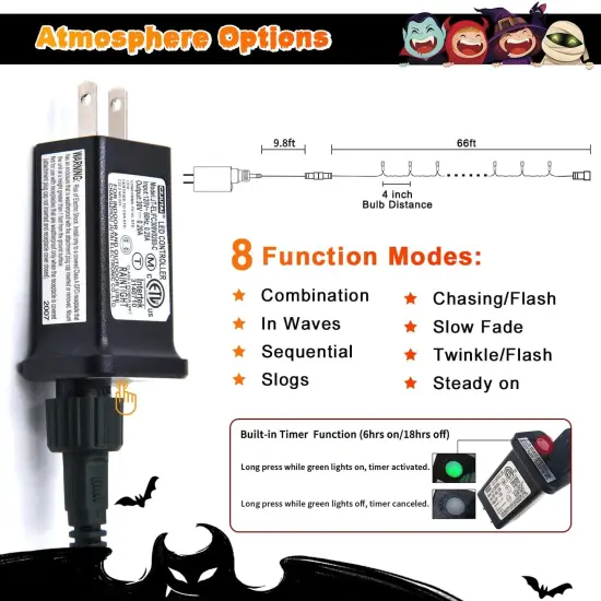 200 LED Orange Halloween String Lights - 66FT, 8 Modes (Connectable) {5}