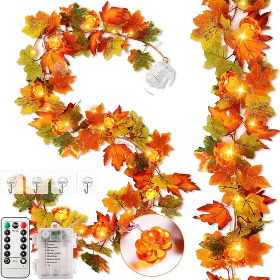 2 Pack Fall Maple Leaves Garland with Pumpkin Lights - 11.5 FT, 40 LED - Orange Green {1}