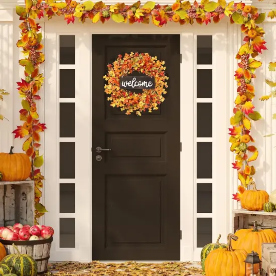 Fall Wreath - Autumn Front Door Wreath with Small Pumpkin, Berry, Round Leaves {4}