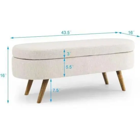 Linen Upholstered Modern Storage Bench with Wood Legs and Flip-Top Off white {3}