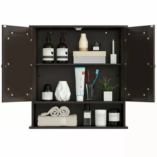 Wall Mounted MDF Bathroom Storage Cabinet with Mirrored Doors and Adjustable Shelves Brown {5}