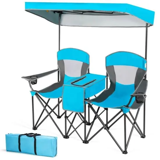 Steel Folding 2-Seater Camping Chair with Canopy and Cooler Turquoise Blue {6}